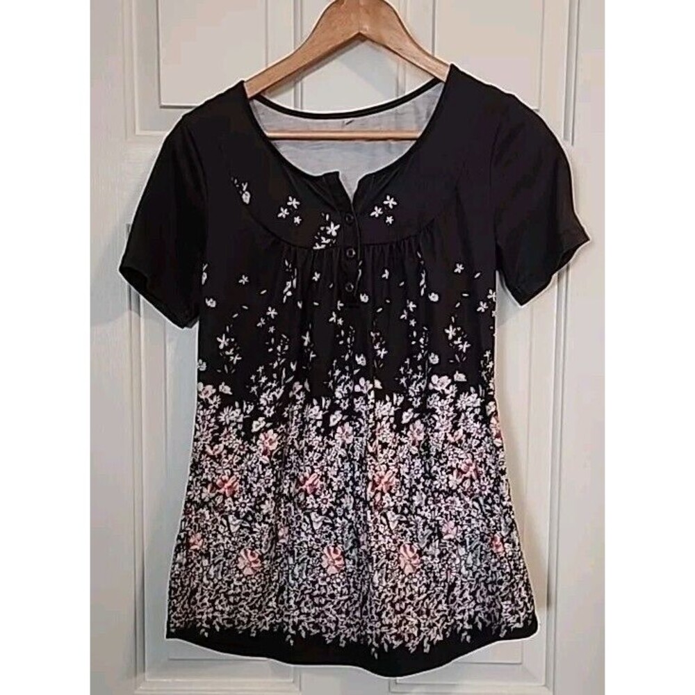 Women's Floral Tunic Small Navy Blue Top Round Neck Buttons Short Sleeve Blouse